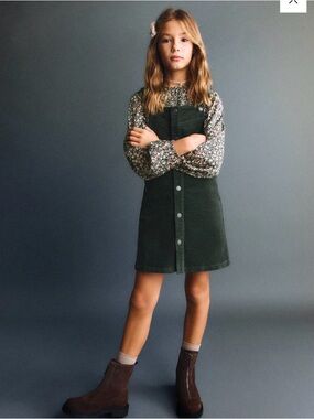 Mango Dark Green Corduroy Button-Front Pinafore